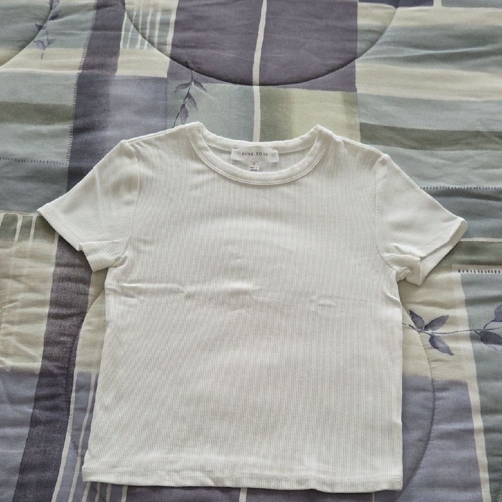 Pink Rose White Ribbed Tee